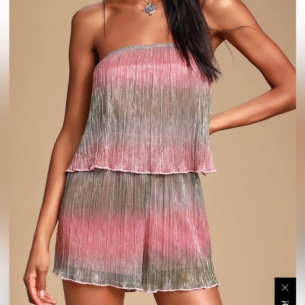 Wild Honey Pink and Olive Metallic Pleated Strapless romper